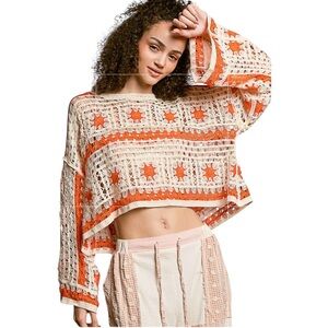 308. POL Ivory/Orange Crochet Knit Granny Square Sweater NWT